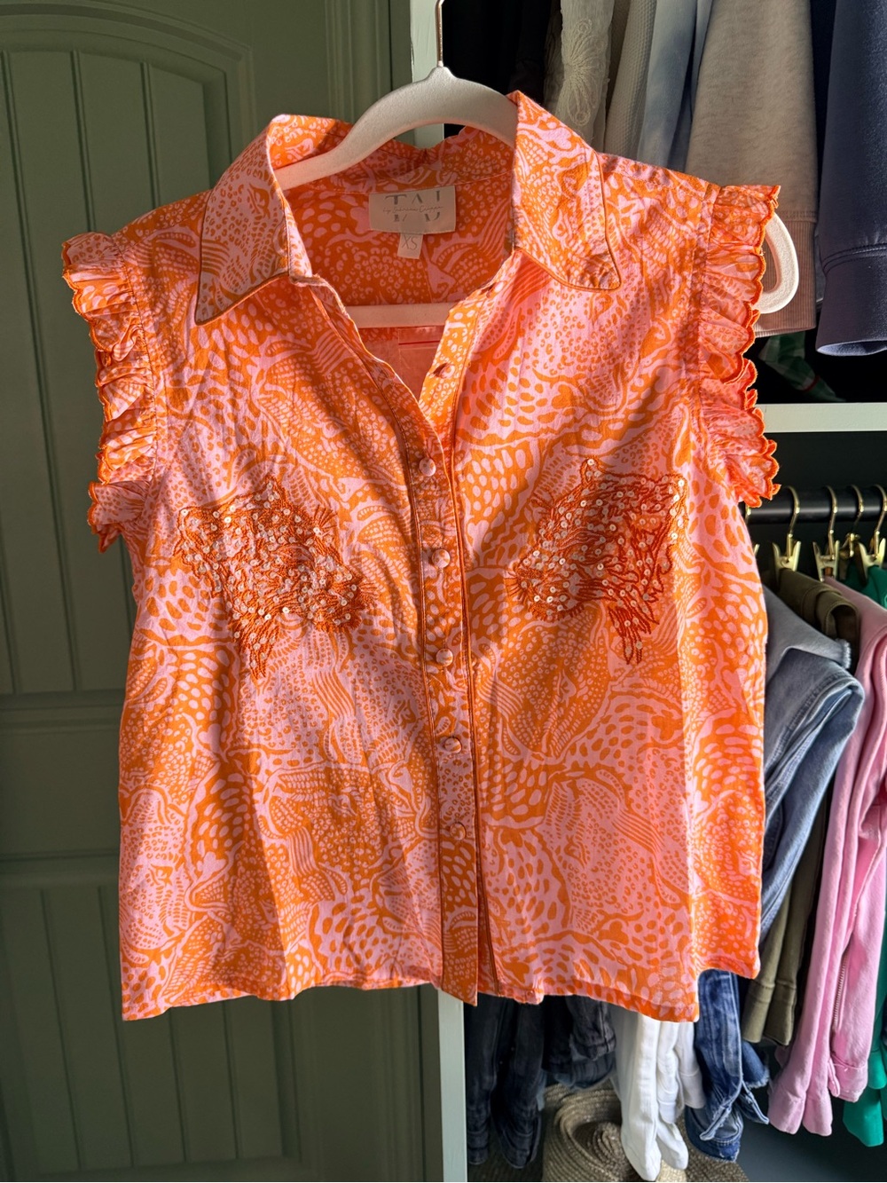 TAJ Sleeveless Ruffle Button-Front Top in Orange and Pink